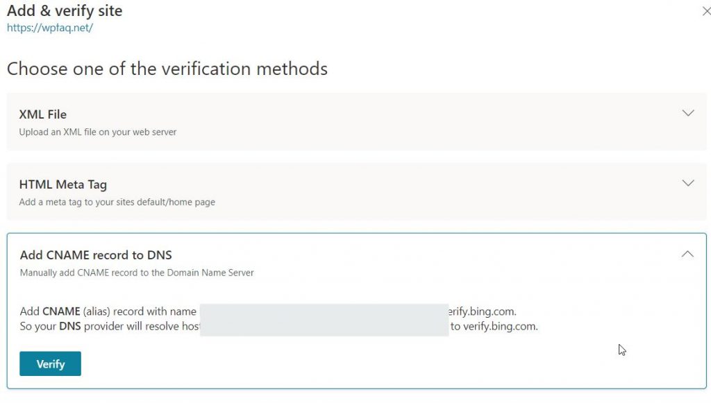 Bing Cname verification method