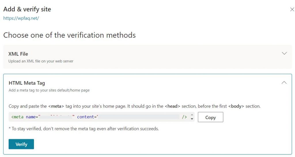 Bing HTML Meta Tag verification method