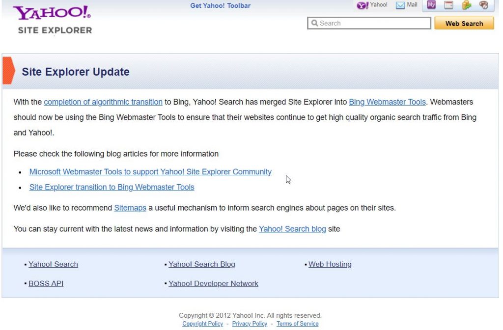 Yahoo Site Explorer Merged with Bing