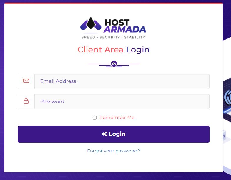 HostArmada Login page