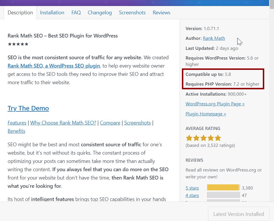 Wordpress version and PHP version