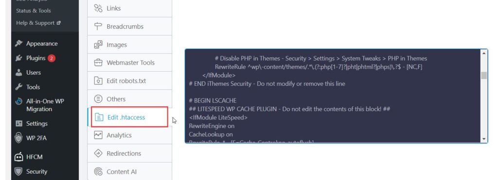htaccess edit in wordpress rankmath